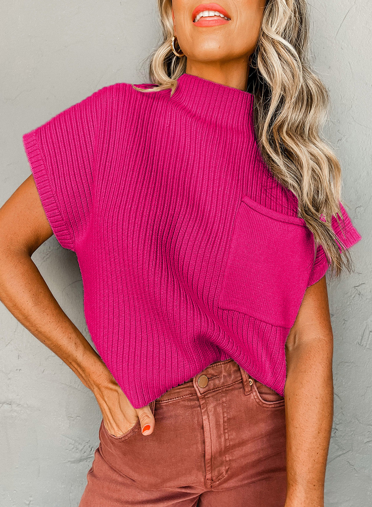 Patch Pocket Ribbed Short Sleeve Sweater