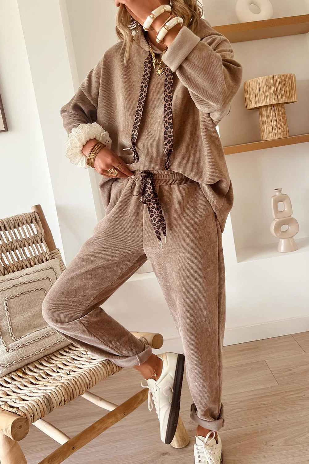 Parchment Drawstring Pullover Hoodie and High Waist Pants Corduroy Suit