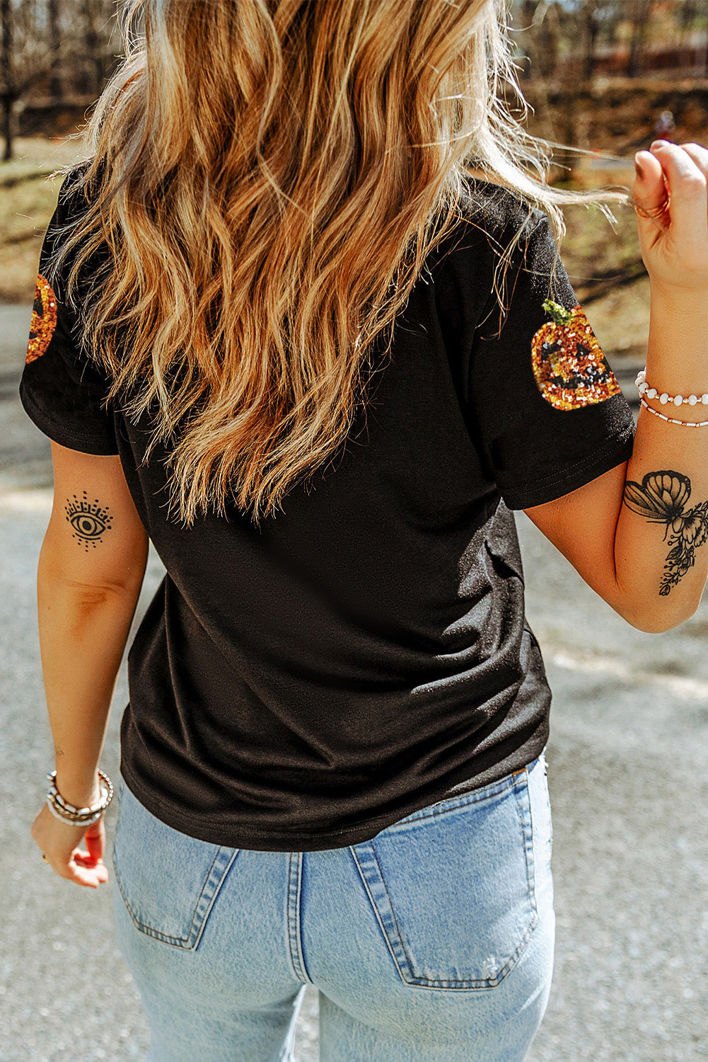 Black Halloween Sequin Pumpkin Face Graphic Tee
