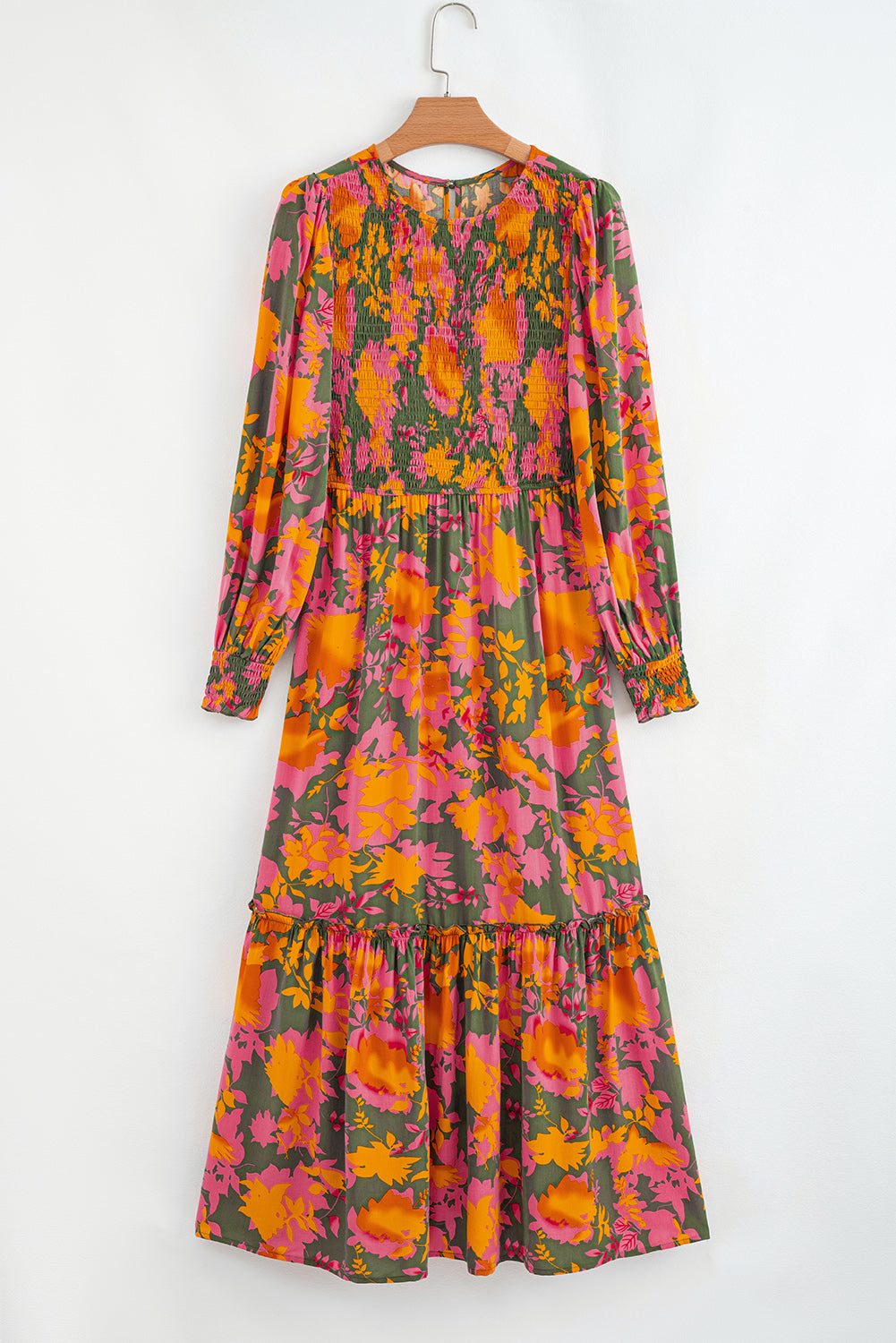 Orange Floral Puff Sleeve Smocked Bodice Tiered Dress