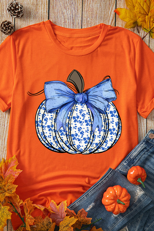 Orange Floral Pumpkin Bow Print Thanksgiving T Shirt