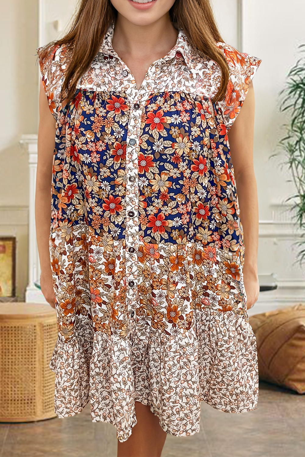 Beige Plus Size Floral Patchwork Collared Mini Dress