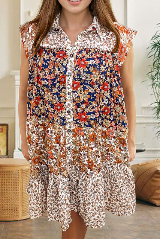 Beige Plus Size Floral Patchwork Collared Mini Dress