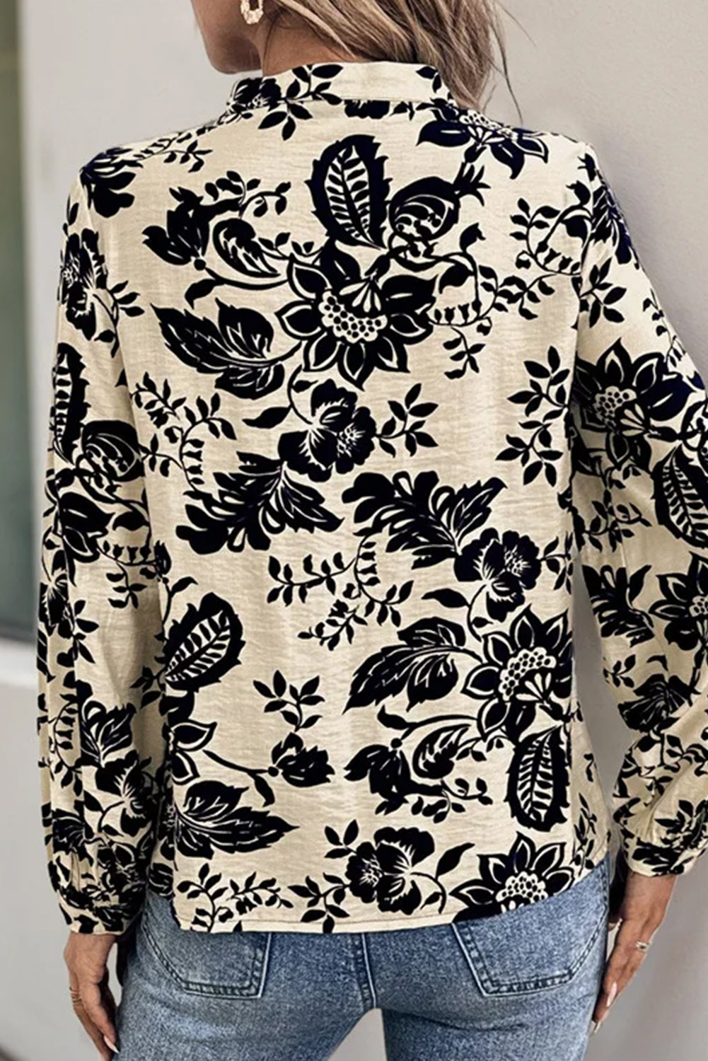 Cream Botanical Print Pleated Button-up Shirt