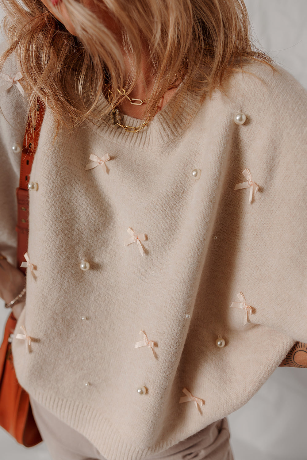 Oatmeal Pearl Embellished Dolman Sleeve Sweater