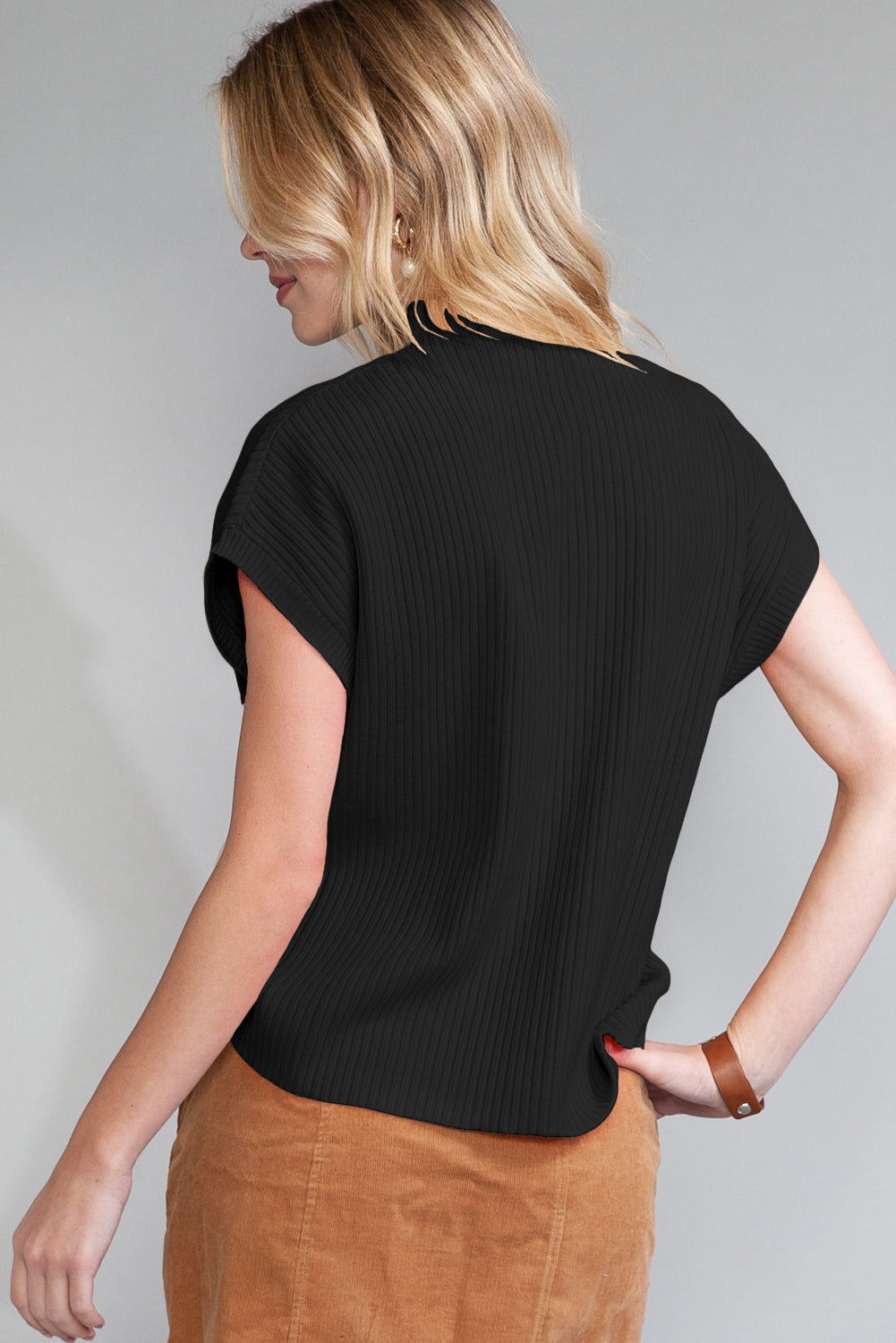 Patch Pocket Ribbed Short Sleeve Sweater