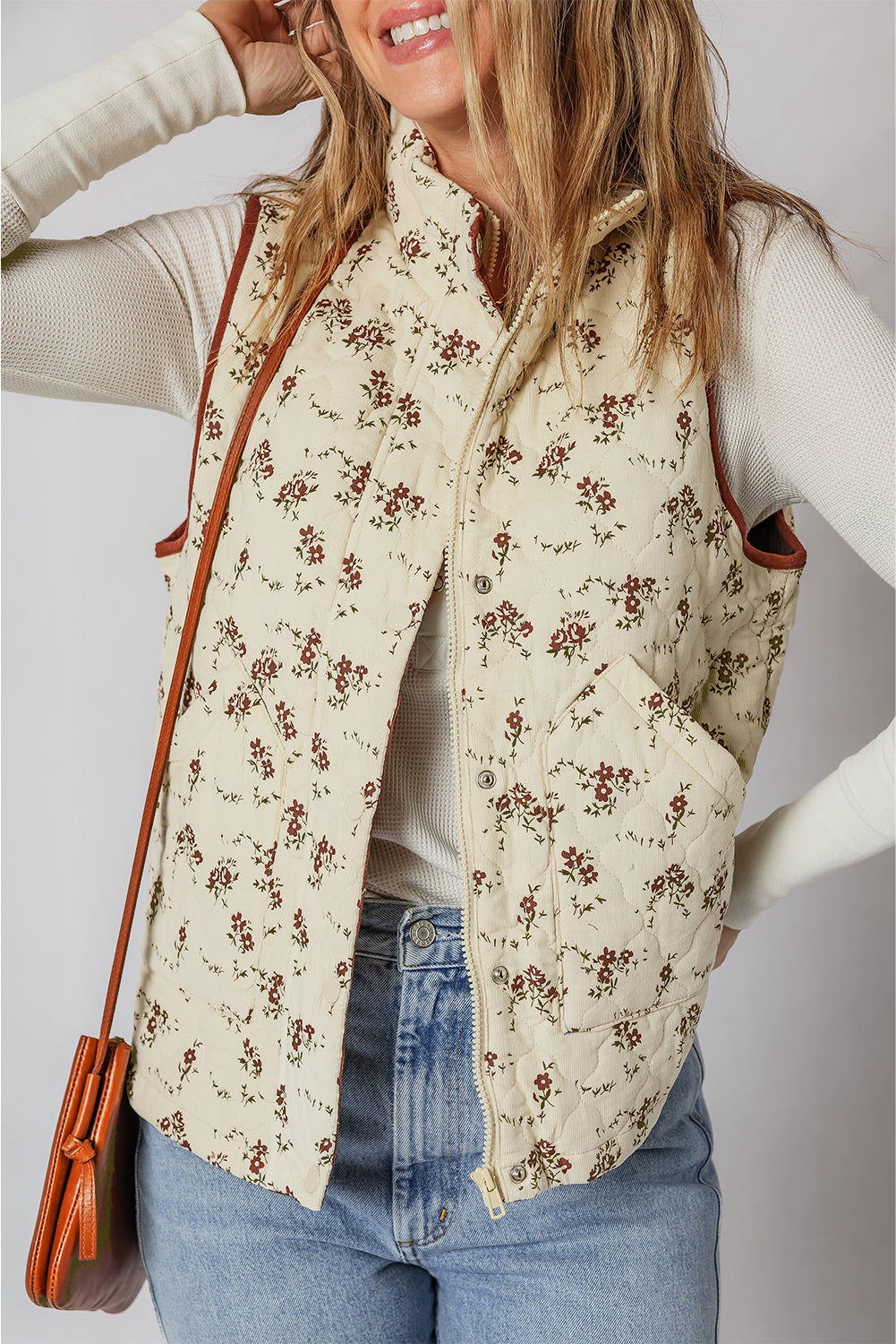 Cream Floral Print Zip Up Quilted Warm Vest