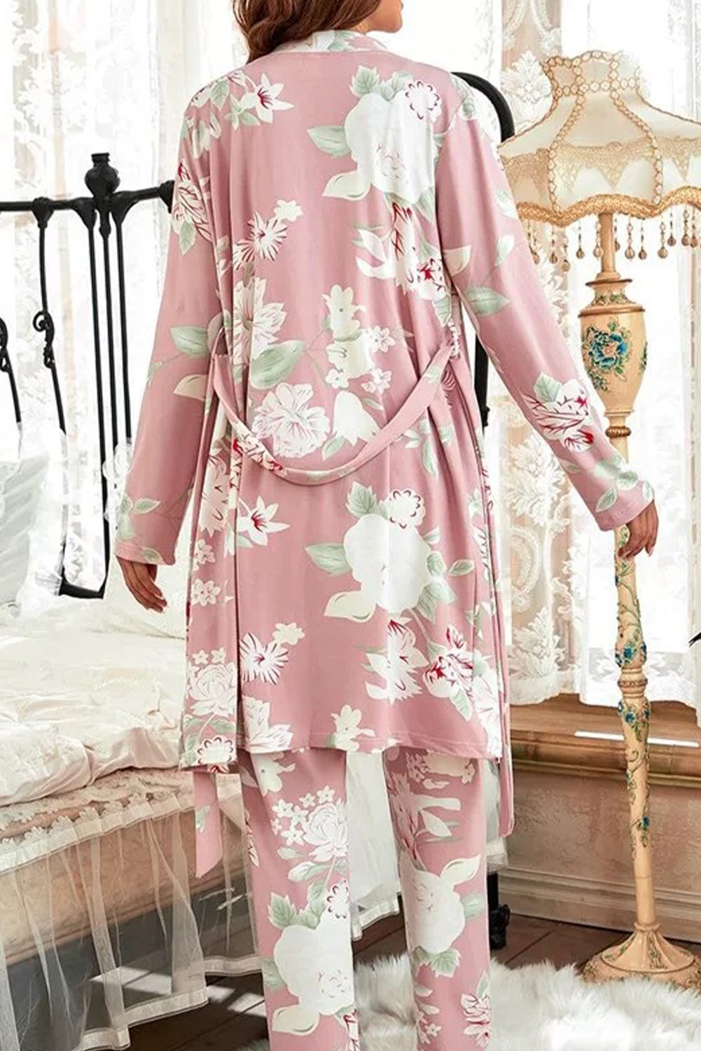 Pink Floral Print Tank Camisole Top with Pants and Belted Robe Pajama Set