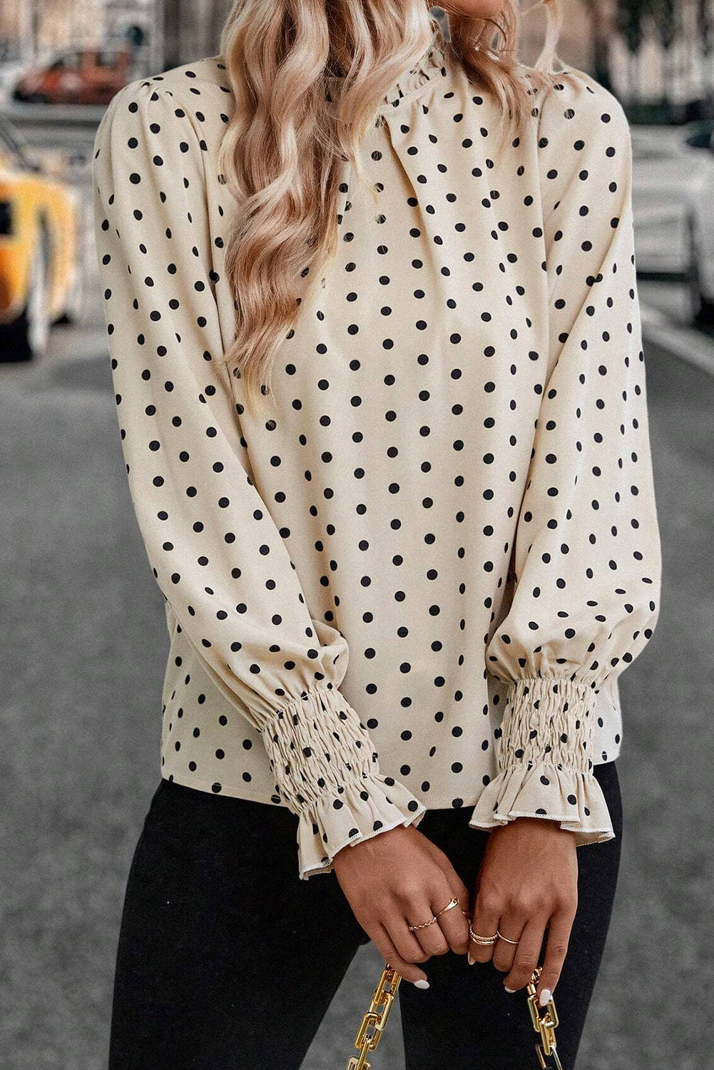 Polka Dot Print Frill Neck Smocked Sleeve Blouse