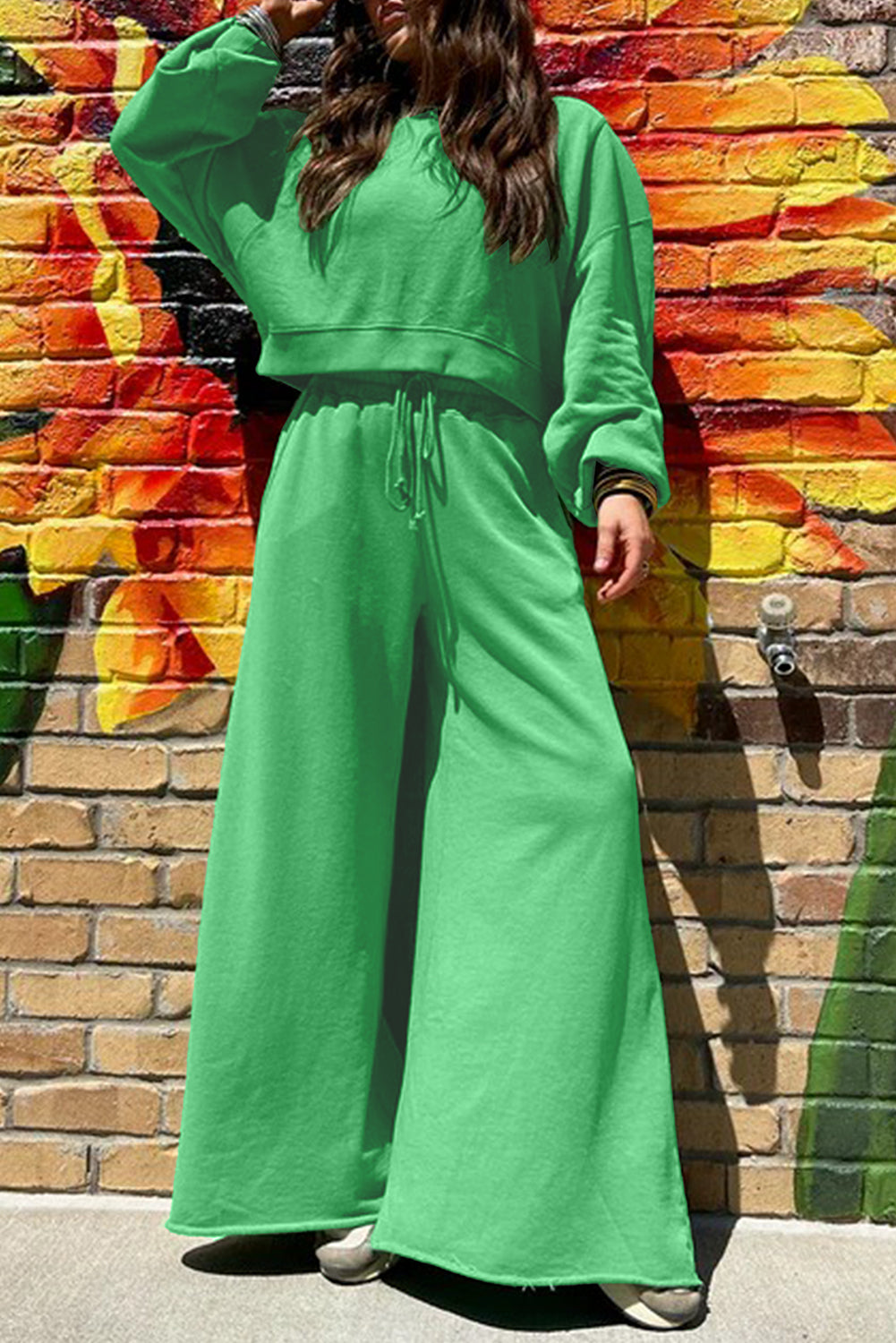 Drop Shoulder Crop Pullover and Drawstring Wide Leg Pants Set