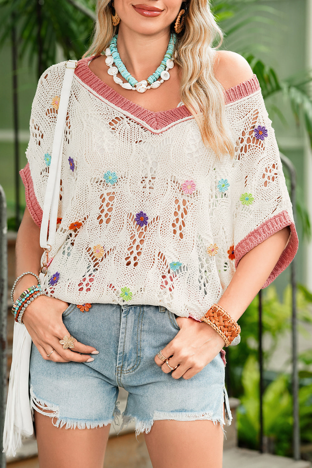 Delicate Flowers & Hollow Crochet Knit Top