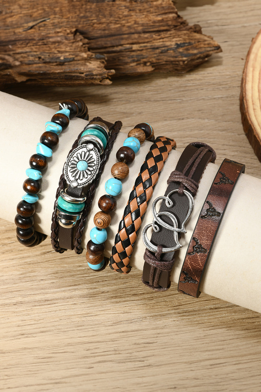 Cinnamon 6pcs Vintage Turquoise PU Faux Leather Bracelet Set