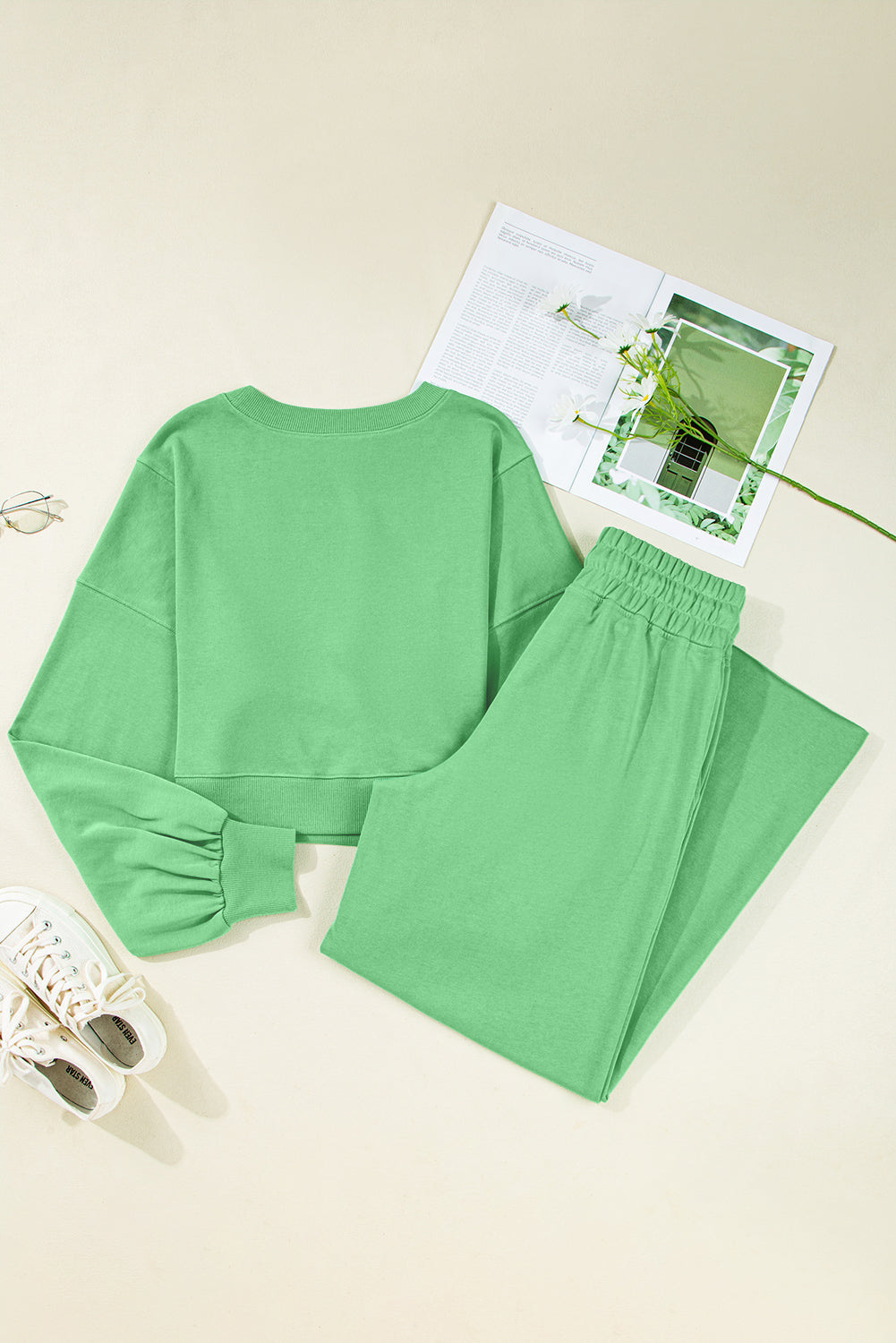 Drop Shoulder Crop Pullover and Drawstring Wide Leg Pants Set