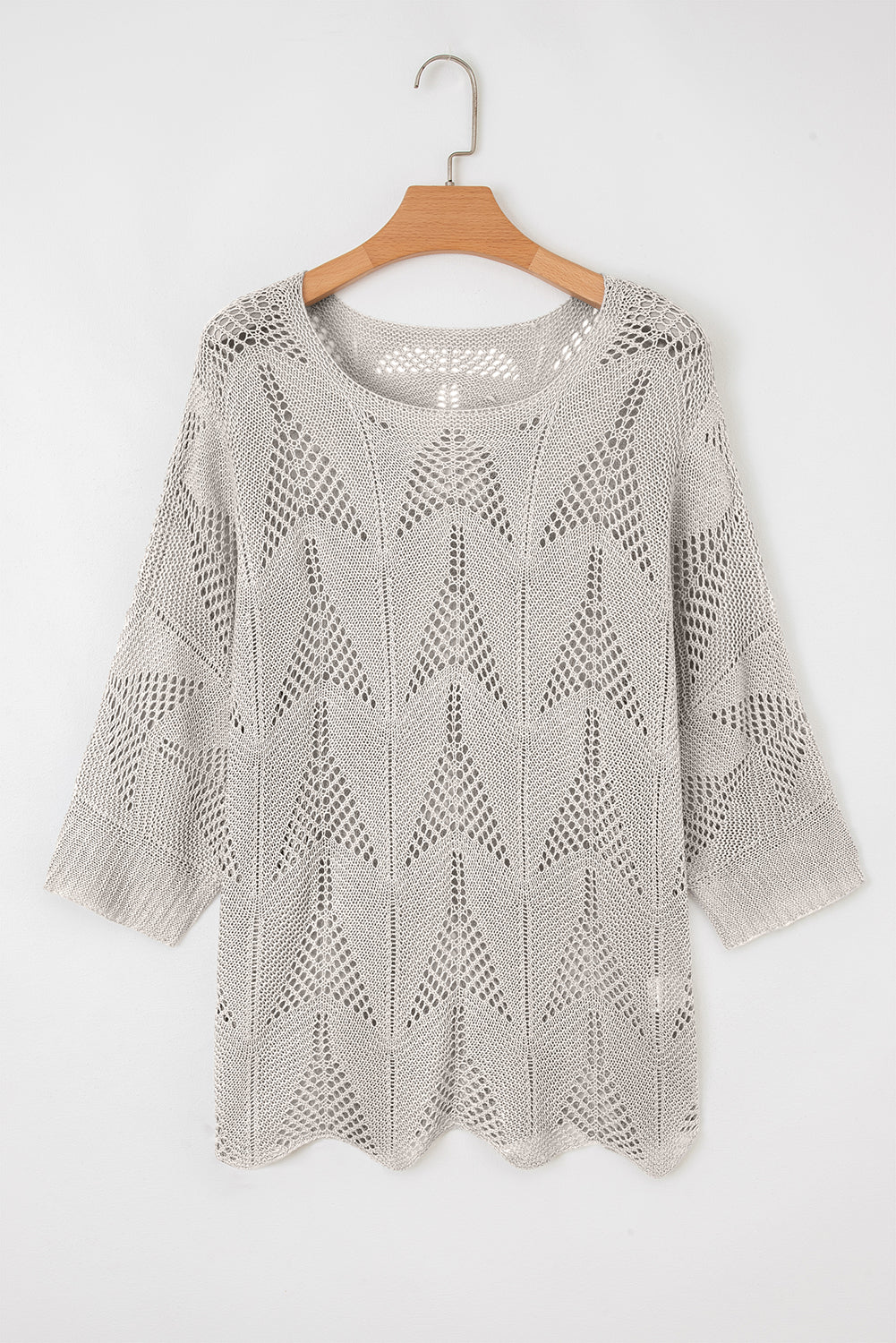 Navy Blue Hollow Out Knit 3/4 Sleeve Loose Sweater