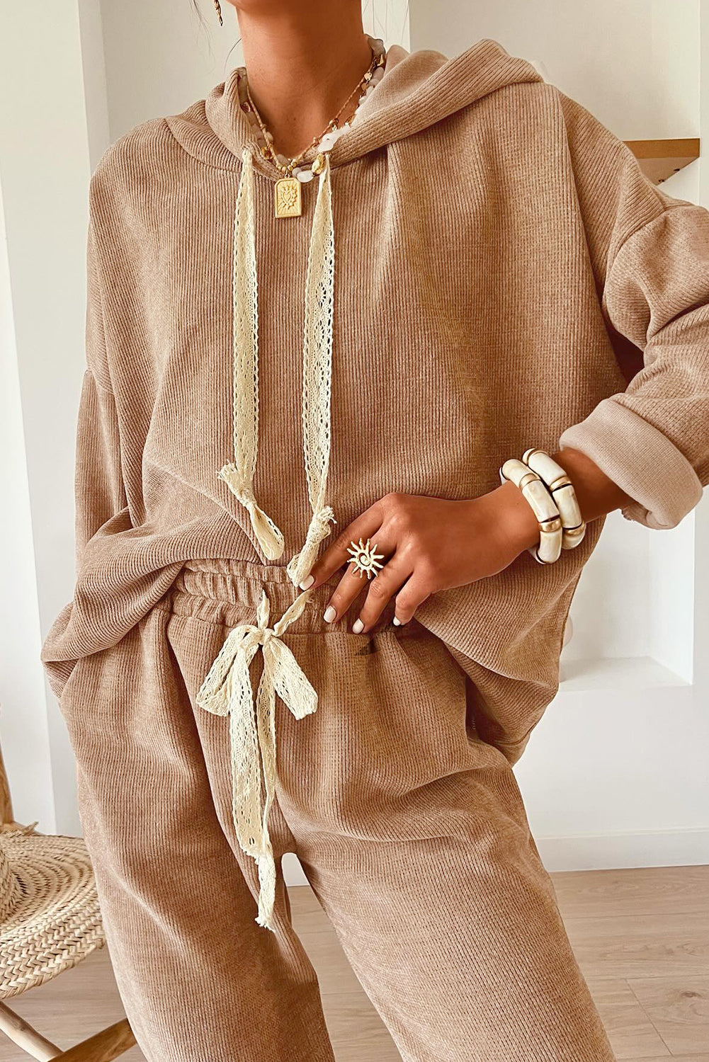 Parchment Drawstring Pullover Hoodie and High Waist Pants Corduroy Suit