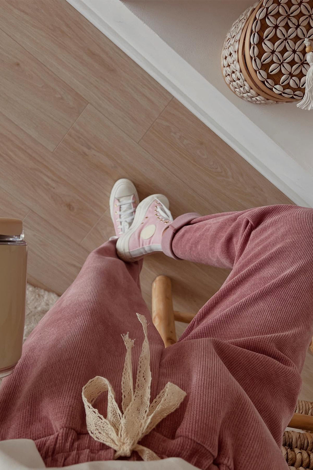 Parchment Drawstring Pullover Hoodie and High Waist Pants Corduroy Suit