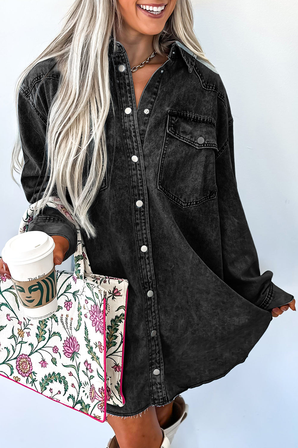 Beau Blue Chest Pocket Raw Hem Denim Loose Shirt Dress