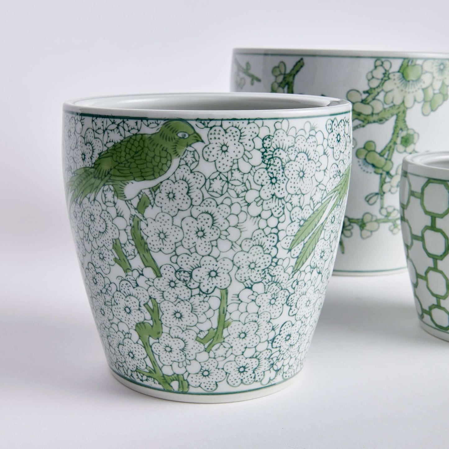 Green and White Chinoiserie Ceramic Planters (Set of 3)