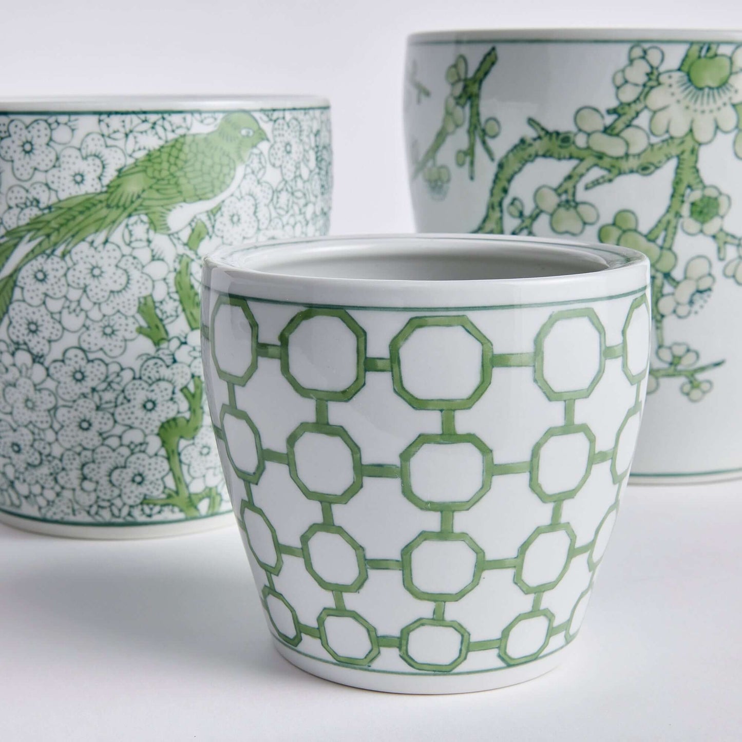 Green and White Chinoiserie Ceramic Planters (Set of 3)