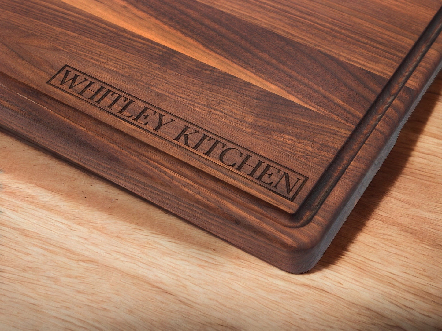 1.25” Thick Extra Large Wood Cutting Board with Feet, Pocket Handles and Juice Groove, 100% USA Made