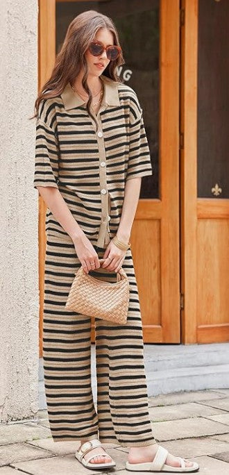 Tan & Black Two Piece Woven Knit Loungewear Set